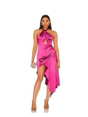 Elliatt Fuchsia Satin Halter Asymmetrical Dress